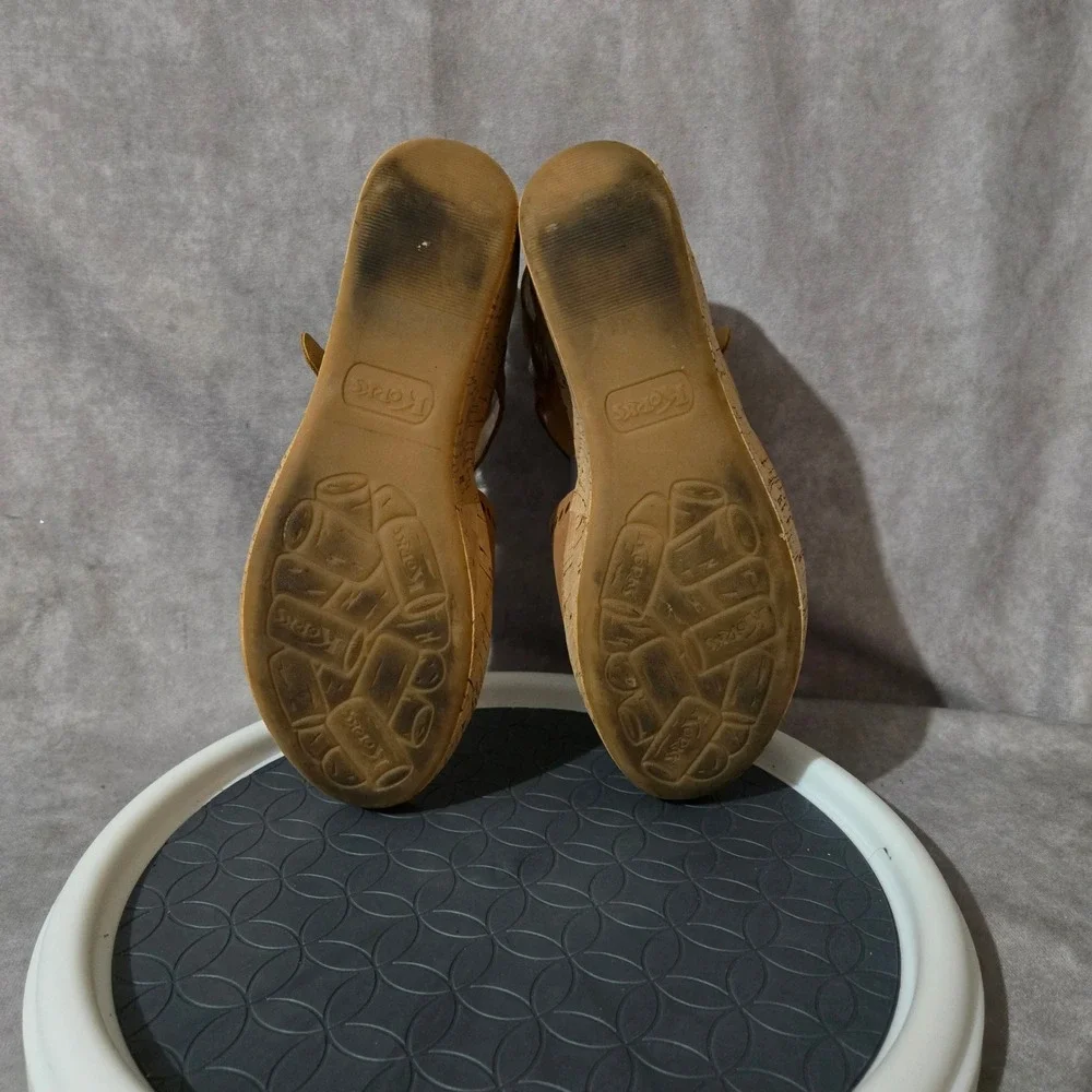 Korks Wedge Sandals Womens 9 Tan Leather Cork Platform Q41806 Whipstitch Boho